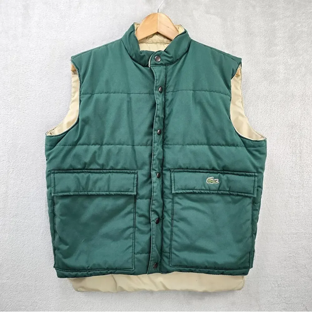 Vintage Lacoste Puffer Vest Mens Medium Green 90s Revirsible Full Zip Snap